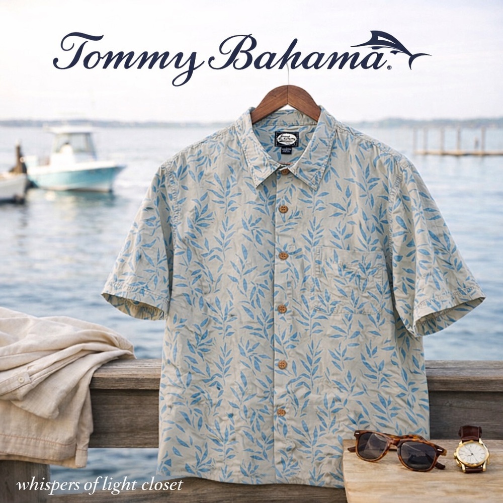 Tommy Bahama Silk Camp Shirt Blue Leaf Print Size L Coastal